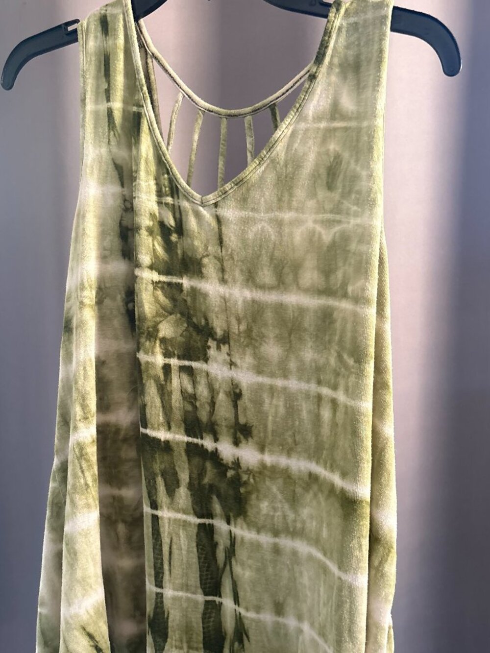 Boho Olive Moss Green Shibori Tie Dye Caged Strappy Back Swing Tank Top XL